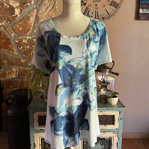 WOMEN’S Style & Co Short Sleeve Water Color Floral Tee Size 3X White and Blue - Picture 1 of 10